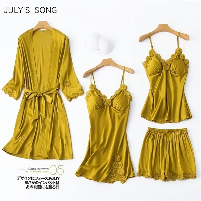 JULY'S SONG Sexy Lace Stain Pyjamas de nuit 4 pièces Femmes Pyjamas Ensembles Faux Soie Ensembles de vêtements de nuit Printemps Summe Robe Home Wear 201114
