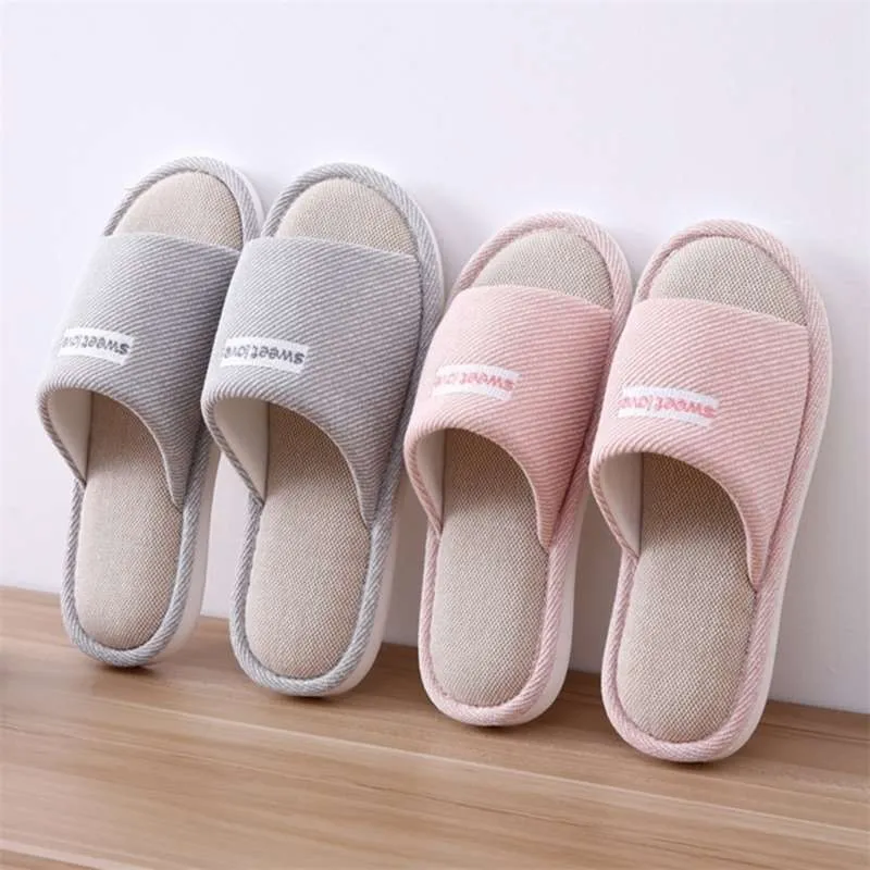 Four Seasons House Women Hemp tofflor Bekväm bomullsfax Flat damer Casual Shoes Nonslip Bedroom Lovers Men Slides 210928