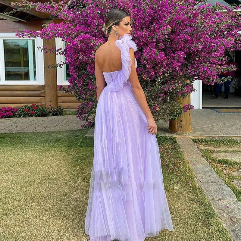 lavender one shoulder bridesmaid dresses Lavender Mesh Ruched One Shoulder Asymmetric Dress
