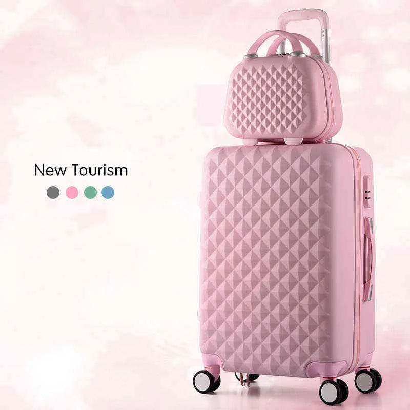 Cartoon Plaid Mode Niedliche Weibliche Zoll Roll Gepäck Spinner Marke Koffer Räder Tragen auf Reisetaschen J220707