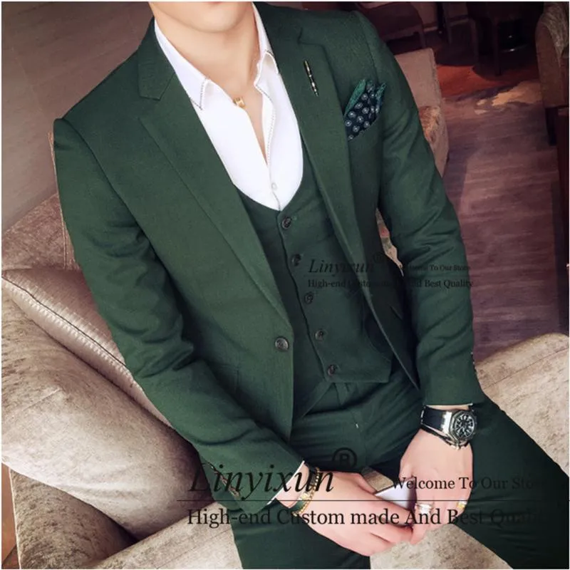 Herenpakken blazers donkergroene heren slanke bruidegom bruiloft tuxedos 3 stuks set zakelijk mannelijk vest broeken outfit kostuum homme huwelijken '