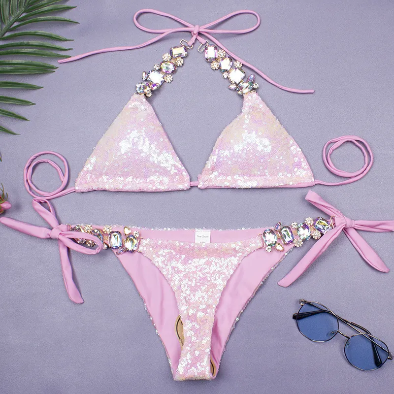 Sexy Sequin Bikini Three Point Swimsuit High Waist Split Swimwear Women ...