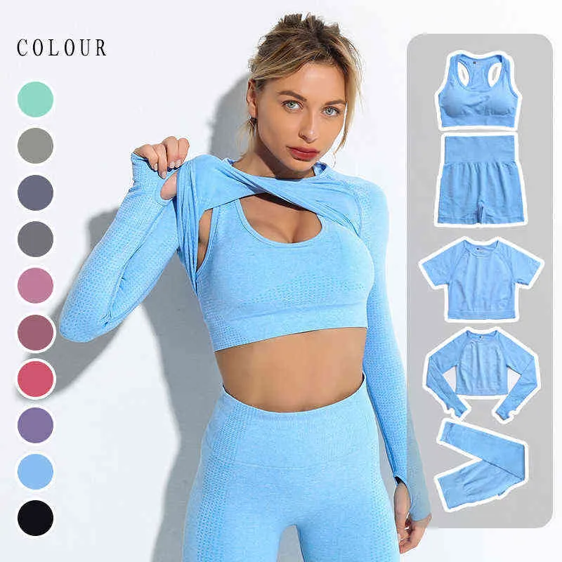 Sömlös Bra Yoga Gym Sport Long Short Sleeve Suit Womens midjeträning Shorts Leggings Fashion Five Piece Set J220706