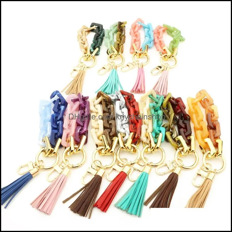  keychains key rings fashion jewelry women accessories wristlet bangle bracelets acrylic link chain leather tassel phone charms bag