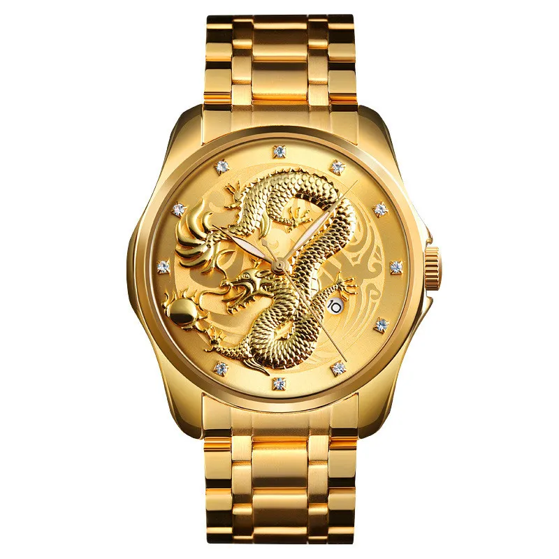 Dragão chinês Totem em relevo, relógio de aço inoxidável, calendário de negócios masculino assistir homens
