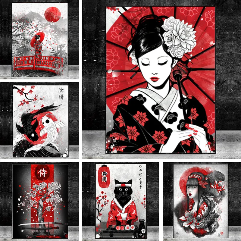 Japońska gejsza samuraj streszczenie nowoczesne płótno plakaty malarskie i drukuje zdjęcia sztuki ściennej do wystroju domu w salonie cuadros