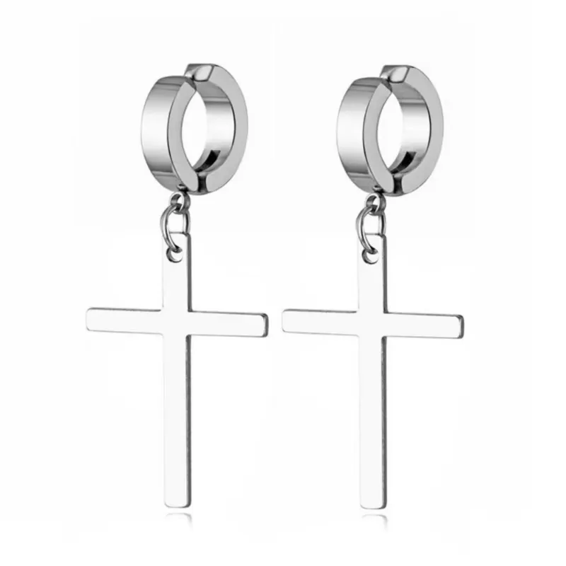 Clip-on & Screw Back 1 Pair Stainless Steel Large Cross Ear Clip Earrings For Women Men Punk Gothic Rock Non Piercing Fake Jewelry Gifts
