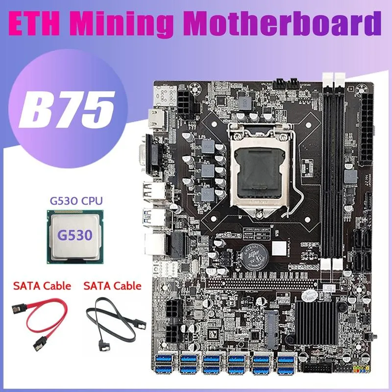 마더 보드 마이닝 마더 보드 G530 CPU 2xSata 케이블 12 PCIE에서 USB3.0 어댑터 LGA1155 DDR3 B75 USB ETH 광부 마더 보드 모서 보드 Mothe