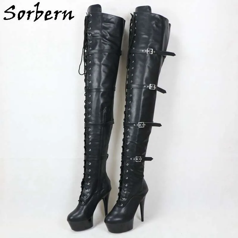 Sorbern Black Matt Crotch Thigh High Boots Women For Pole Dancers Stripper Heels Platform Shoes