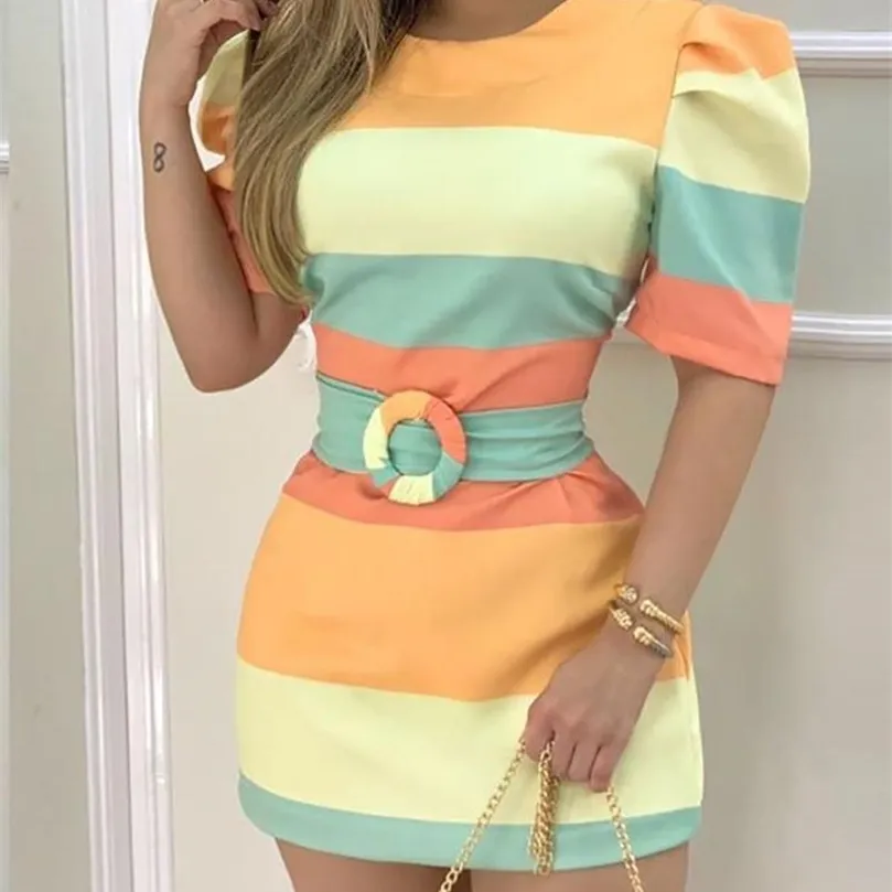 CM.YAYA Rainbow Striped Women's Mini Dress with Sashes Sexy Vintage Puff Sleeve O-neck Bodycon Bandage Pencil Midi Dresses 220516