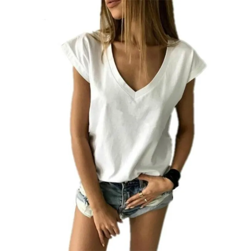 LUOYIYANG Summer T Shirt Women Short Sleeve V Neck Loose Casual Sexy Camisetas Feminina Lady Simple ops 220321