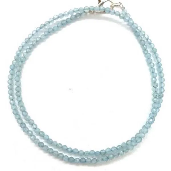 Natural Aquamarine 2mm Beaded Gemstone Necklace Round Faceted 32in