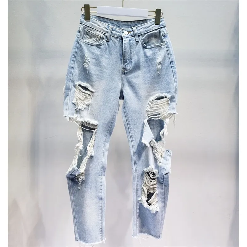 Getsing Woman Jeans denim jeans dames gescheurde jeans denim broek hoge taille gat denim enkel lengte broek vrijetijdspotloodpotent lj201103