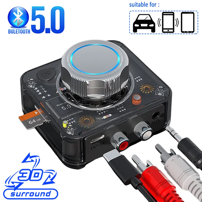 Bluetooth 5.0 Receptor de audio 3D Música Estereo Adaptador inalámbrico Tarjeta TF RCA 3.5 mm 3.5 Jack Aux para el kit de automóvil Auriculares de altavoces con cable