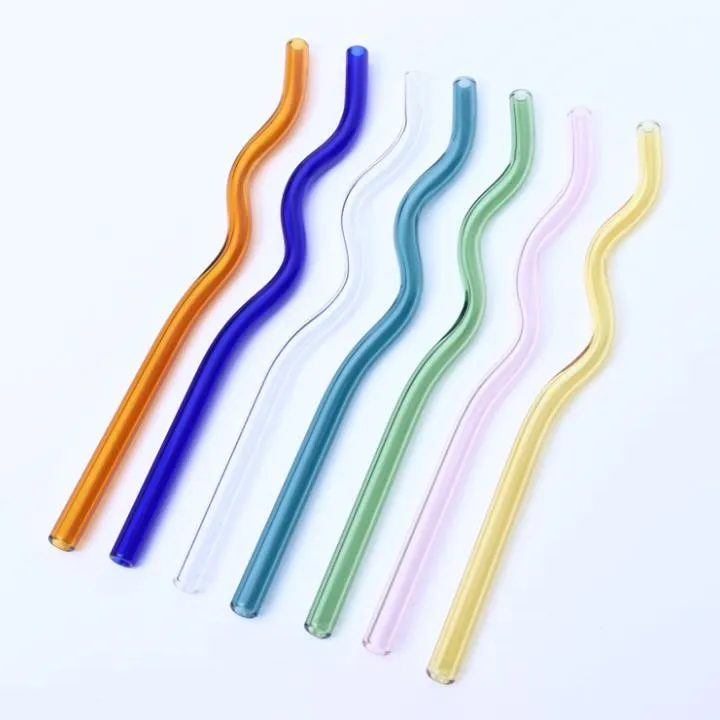 8 * 200mm Pailles à boire en verre borosilicaté réutilisables Eco Résistance aux hautes températures Paille à cocktail au lait ondulée pliée de couleur claire SN6529