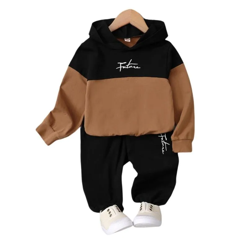 2-piece Kid Boy Letter Print Colorblock Hoodie Sweatshirt and Pants Set
