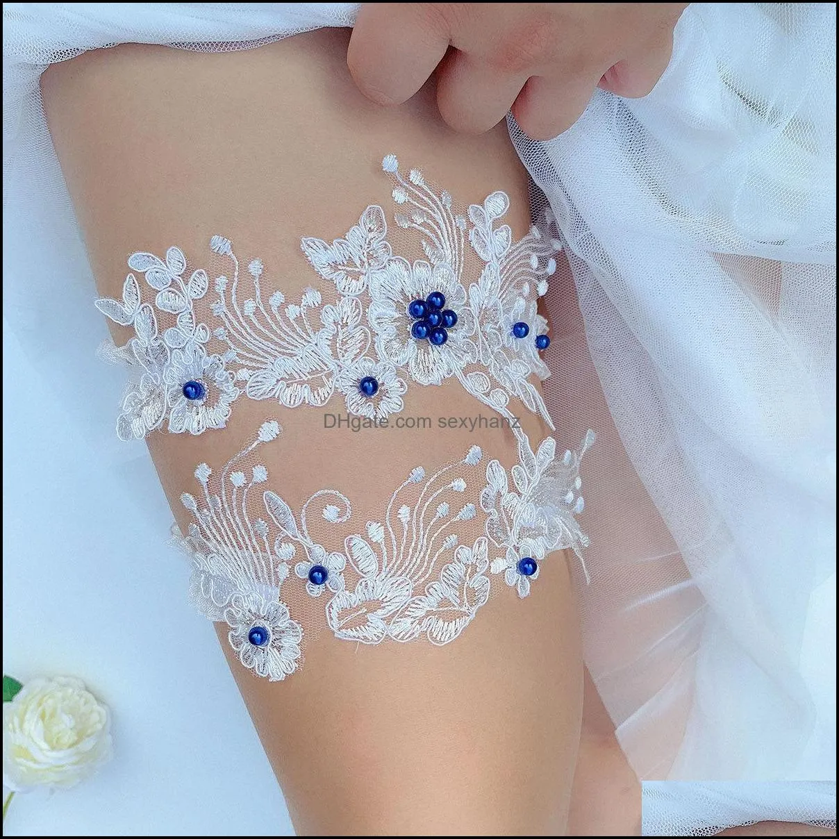 Sexy Lace Flower Crystal Rhinestones Pearls Wedding Garter Belt Bridal Thigh Leg Garter Ring For Women/Female/Bride