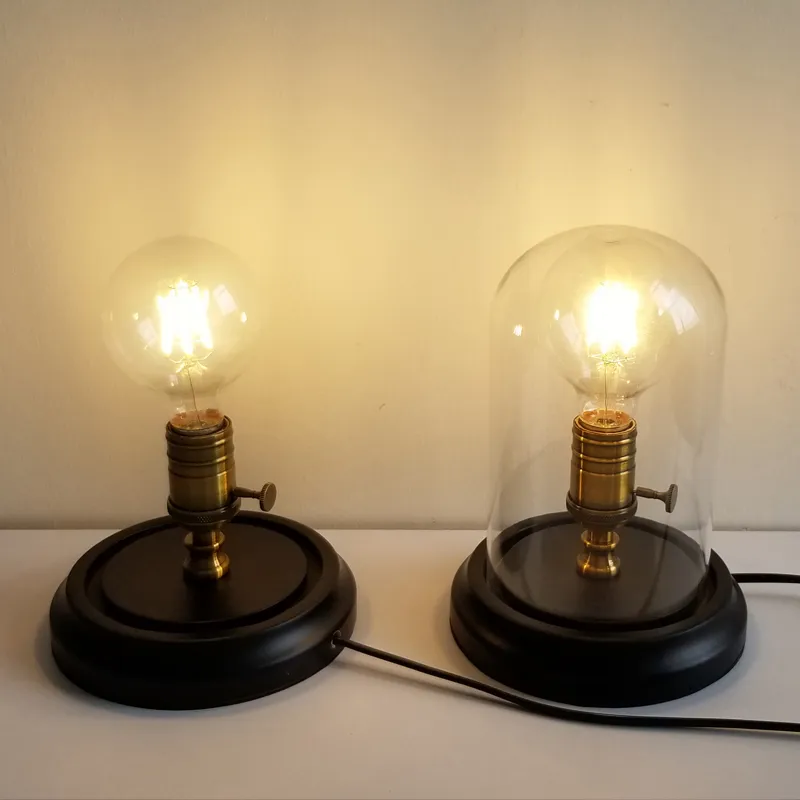 Loft Vintage Przemysłowe czarne drewno lampa stołowa Retro Edison żarówki Drewniane podstawa Desk LED światła z przełącznikiem lub szklanym lampshade