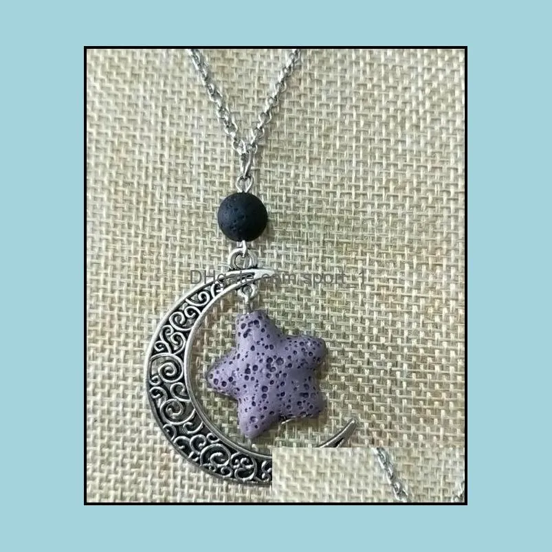 fashion silver color starfish lava stone moon necklace volcanic rock aromatherapy essential oil diffuser necklace for women jewelry