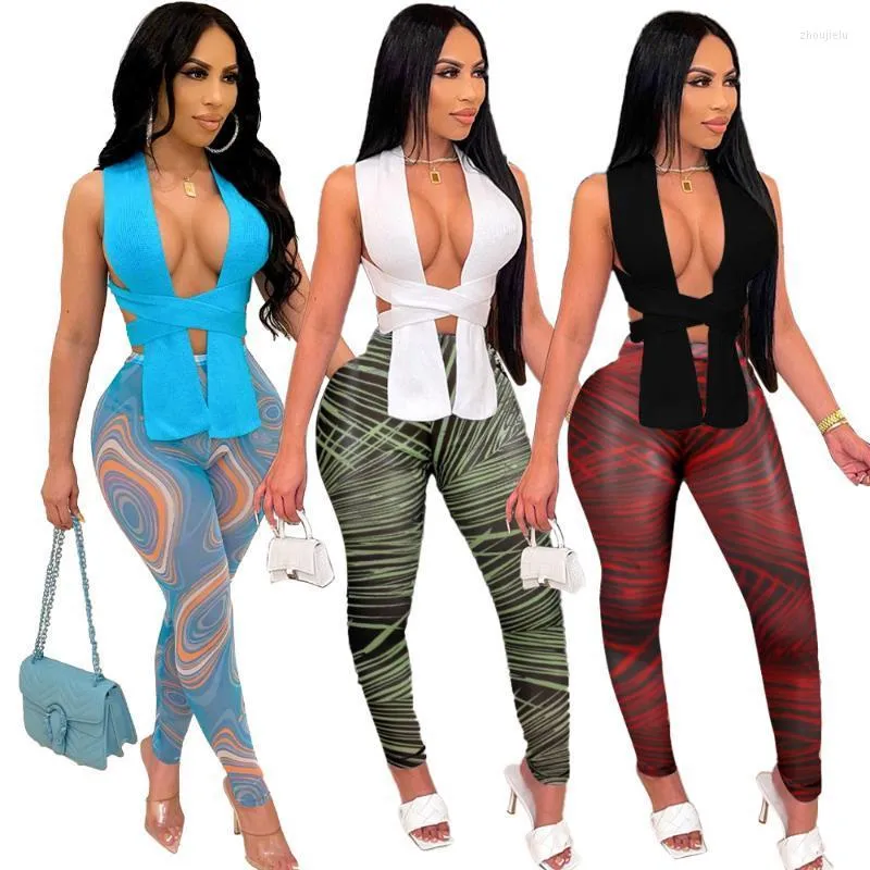 Women's Two Piece Pants Fitness Sporty Set Women Solid Lace Up Knitted Sweater Vest Crop Tops Fashion Print Sheer Mesh Outfit Tracksuit