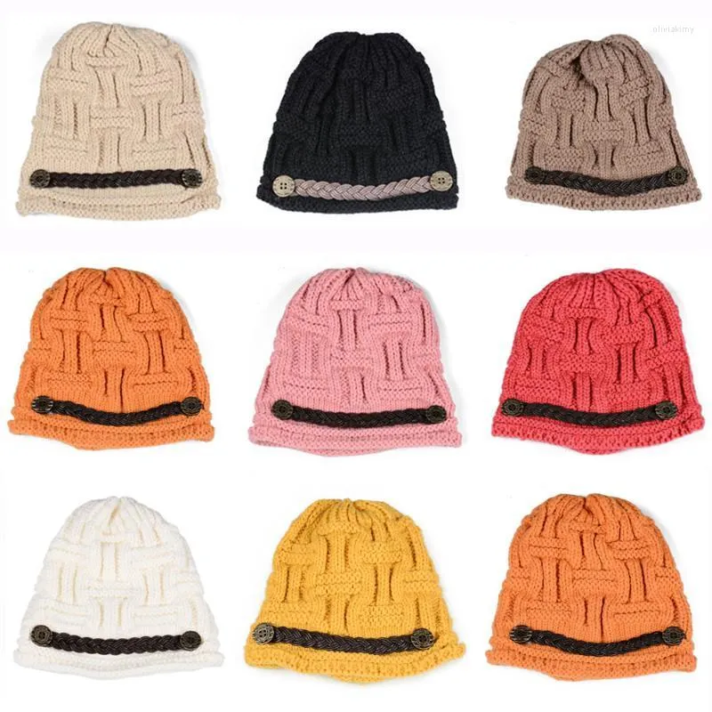Women Fashion Faux Leather Band Knitted Beanie Cap Warm Ski Crochet Slouch Hat HATBD0503 Beanie/Skull Caps Oliv22
