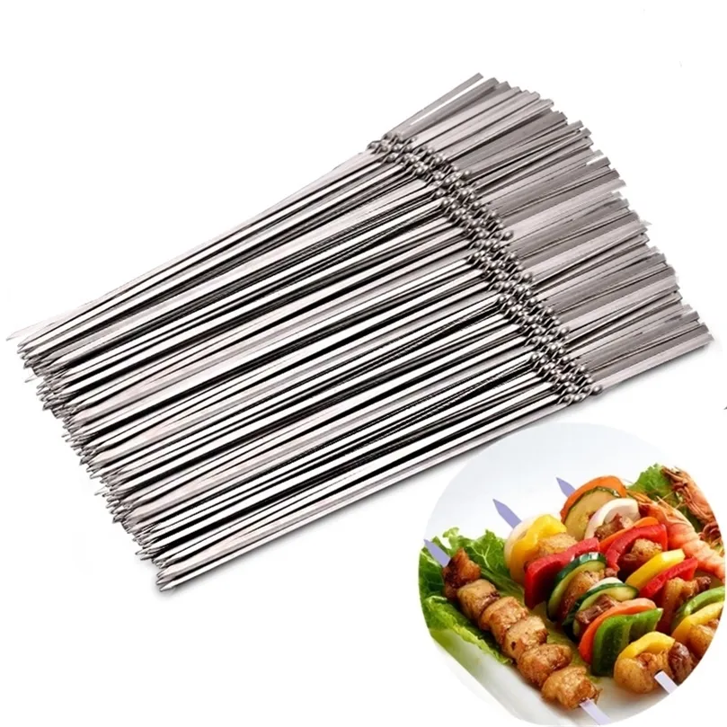 Skewers for Barbecue Reusable Grill Stainless Steel Skewers Shish Kebab BBQ Camping Flat Forks Gadgets Kitchen Accessories Tools 220531