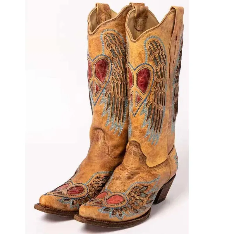 BONJOMARISA Vintage amour coeur en forme de broderie talon épais Vintage femmes Western bottes travail décontracté bottes d'équitation dames 220808