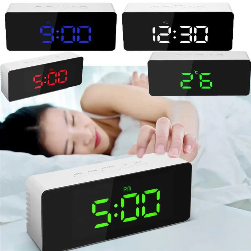 LED Digital Alarm Clock Large Electronic USB Mirror Clocks Multifunction Snooze Thermometer