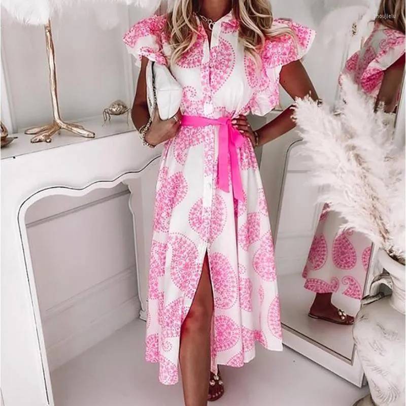 Abiti casual 2022 Primavera Lungo Maxi Vestito Delle Donne Stampa Floreale Spiaggia Sexy Con Scollo A V Increspatura Allacciatura Wrap Alta Fessura Del Partito Vestido