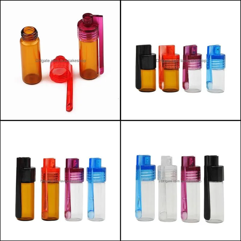 Colorful 36mm 51mm Travel Size Acrylic Plastic Bottle Snuff Snorter Dispenser Glass pill case Vial container box with spoon