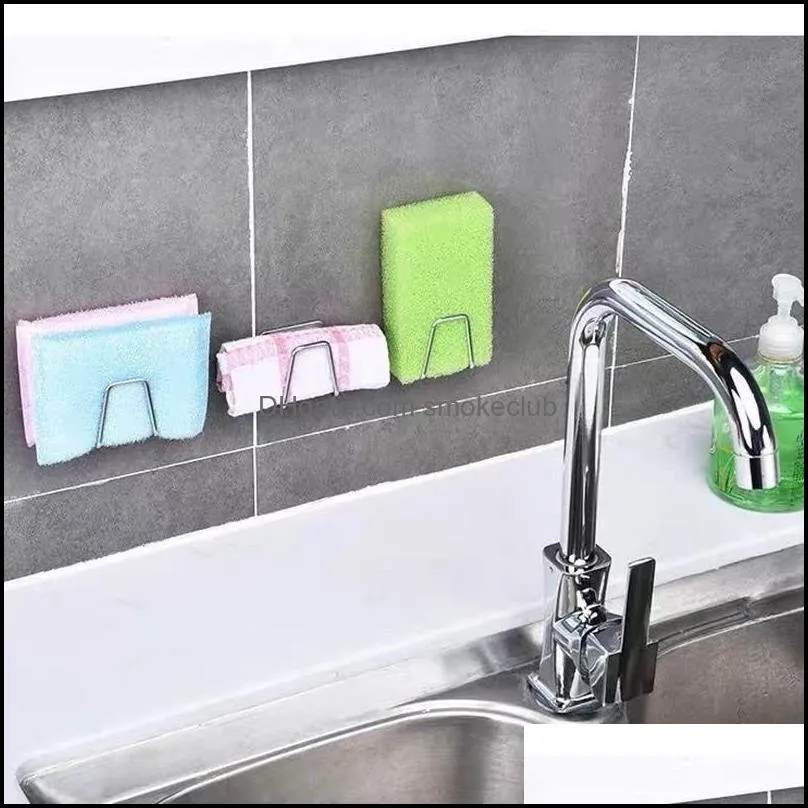 Sink Rack Free Punching Sponge Stainless Steel Self-adhesive Drainage Dry Cloth Storage Kitchen Wall Hook Accessories Storage Racks