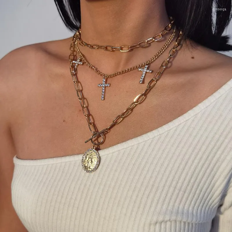 Colliers avec pendentif rond en cristal pour femmes, croix de la vierge marie, chaîne à plusieurs niveaux, bijoux cadeau, 2022