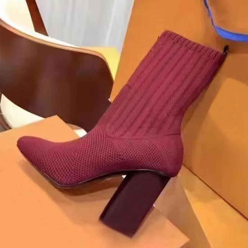 autumn winter socks heeled heel boots fashion sexy Knitted elastic boot designer Alphabetic women shoes lady Letter Thick high heels Large size 35-42 us3-us11 With box