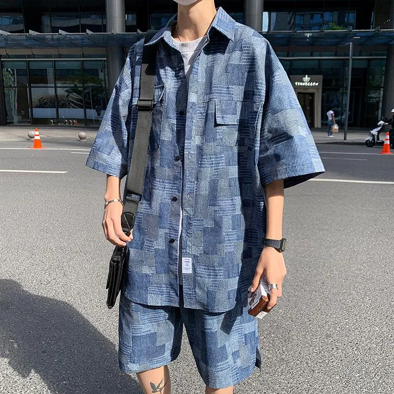 Men's Tracksuits Summer Man Sets Short Sleeve Oversized Shirts Shorts Korean Style Patch Plaid Casual Suit Clothing Men Black Blue 5XLMen's