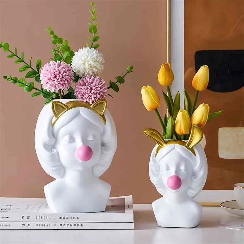 Piece Nordic Style Resin Human Face Vase Cute Girl Bubble Gum Decorative Flower Pot Succulent Flower Pot Home Tabletop Decor 210409