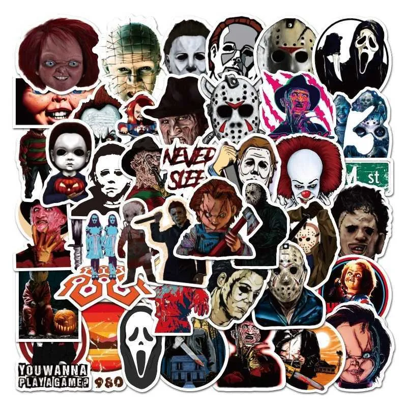 50Pcs/lot Horror Movie Killer Role Stickers Skateboard Luggage Laptop Waterproof PVC Scrapbooking Halloween Graffiti Sticker Decals