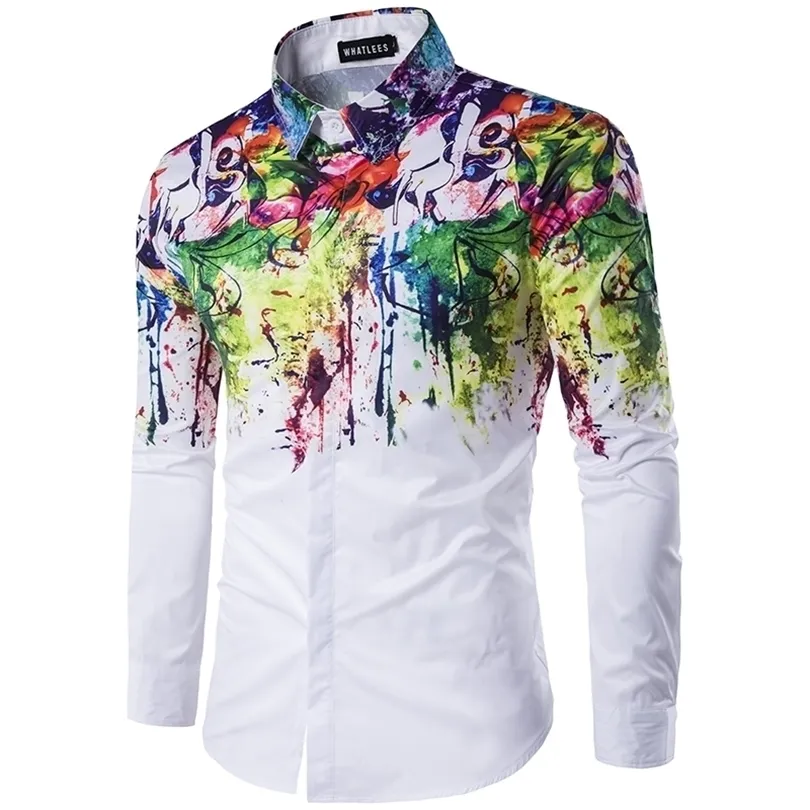 Plus -storlek Men's Casual Color Shirt Ink Splash Paint Color Slim Shirts Leisure 6 Personlighet Färg Lång ärmskjorta