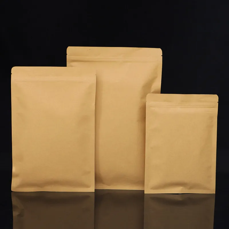 100 ADET Sıfırlanabilir Düz Alt Kraft Kağıt Zip Kilit Paketleme Çantası Kalın Folyo Kakma Snack Şeker Zemin Kahve Fındık Çay Tohumları Hediyeler Depolama Torbalar