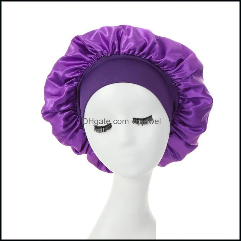 solid color satin wide band night hat for women girl elastic sleep caps bonnet hair care fashion accessories