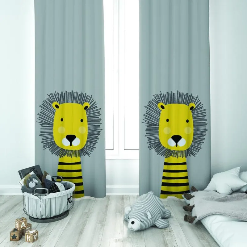 Zasłona Zasłona Szary Tło Cute Lion Baby Boy Kids Room Specjalny Projekt Canopy Hook Guzik Blackout Zazdroski Sypialnia