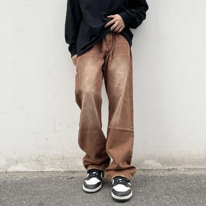 Men's Brown Baggy Jeans: Retro Casual Wide-Leg Streetwear Loose Hip Hop  Straight Denim Pants Trousers - Main Image