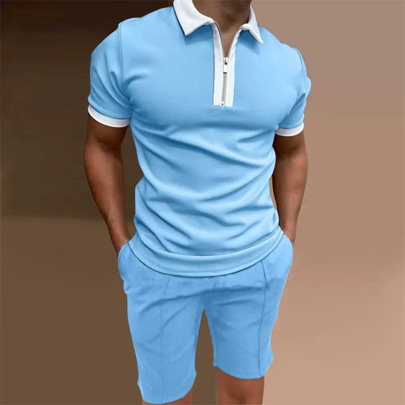 Męski fitness Tracksuit Summer 2 -częściowe zestawy polo Męso mody patchwork krótkie koszulę polo szorty męskie Slim Fit Suit 220607