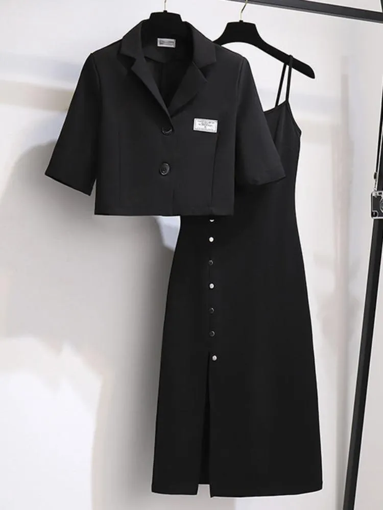 Work Dresses High Street Blazer Skirt Sets Women 2022SS Large Size Office Lady Elegant Short Suit Jacket Split Suspender Dress 2pcs SetsWork