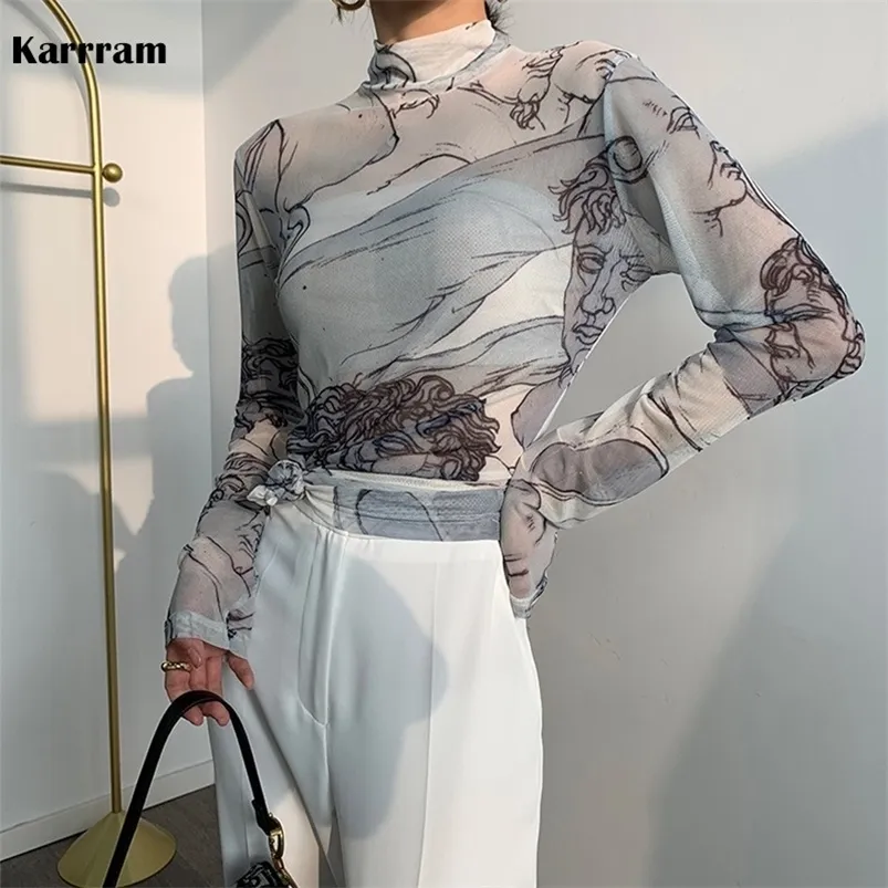 Karrram Turtleneck Mesh Blus Women Renaissance tryck långärmad se genom topp damer ren toppkläder höst 220516