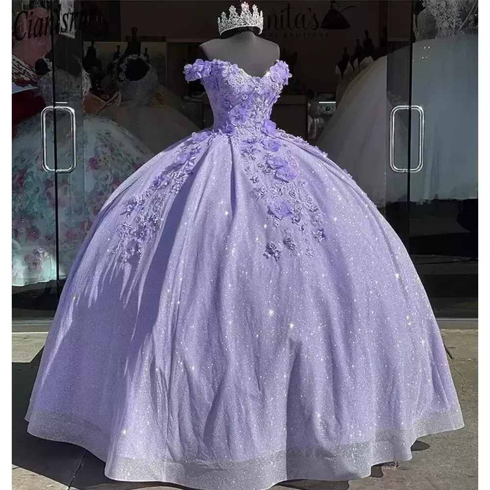 Lavendel bling paljett spets söt 16 quinceanera klänningar 2023 från axeln 3d blommor applikation pärlor korsett klänning vestidos de 15 anos maskerad xv klänning