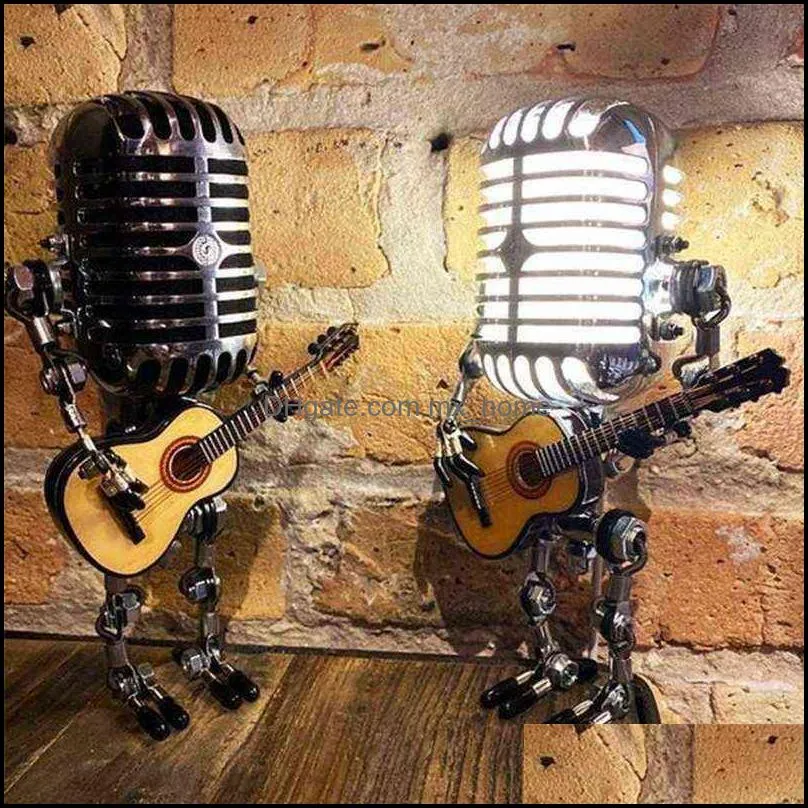 Microphone Guitar Robot Lamp Home Decoration Retro Garden Ornaments Steampunk Outdoor Courtyard Lighting Resin Statue for Home Y1123