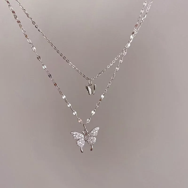 Kedjor Fashion Silver Plated Shiny Zircon Buterfly Necklace Bohemian Double Layer Clavice Chain For Women Jewelrychains