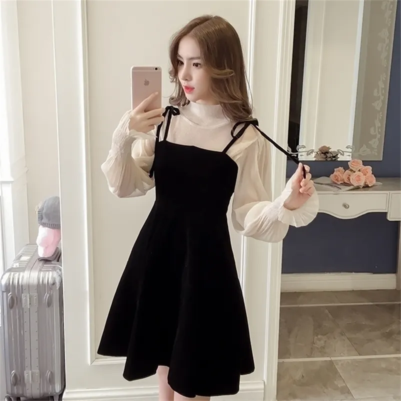 Spring Elegant Two Piece Dress for Women Winter Korean A-Line O-Neck Tops and Black Sundress Streetwear Dress Vestidos 220316