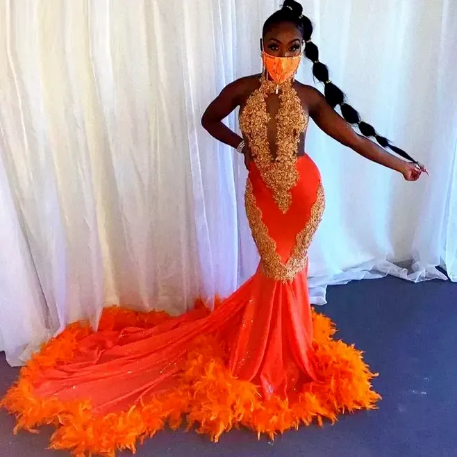 2023 Orange Feathers Mermaid Prom Dresses For Black Girls Halter Lace Appliques Backless evening Birthday Party Dress Long African GW0216