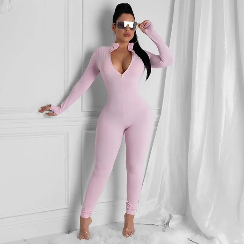 Women s Jumpsuits Rompers Long Sleeve Jumpsuit Fashion Zipper V Neck Clubwear Elegant Pink Bodysuit 2023 Autumn Winter Bodycon JumpsuitWom